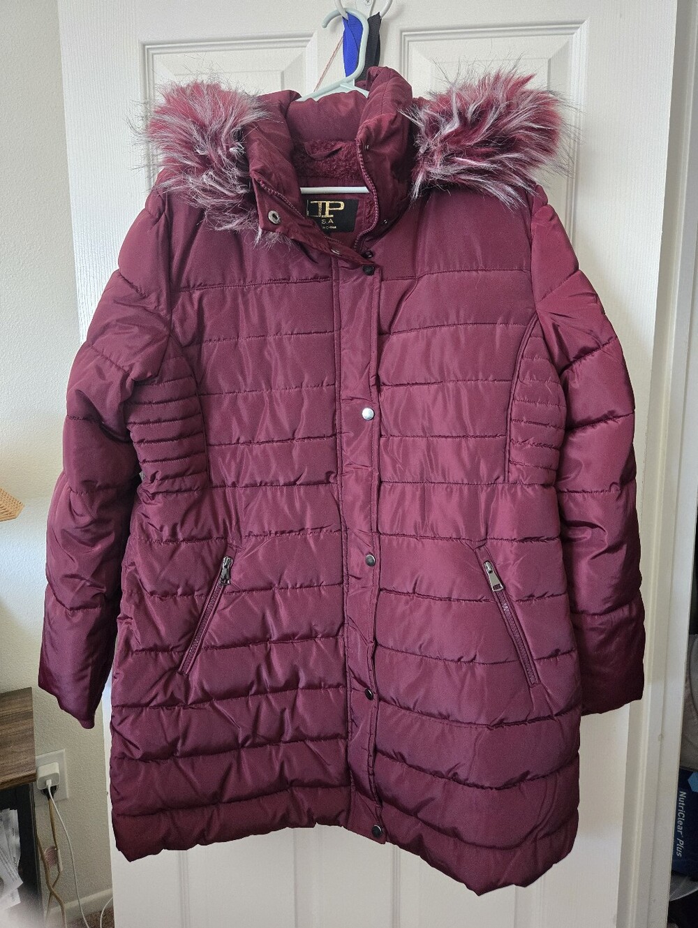 XL Burgundy Quilted Puffer Coat with Faux Fur Hood